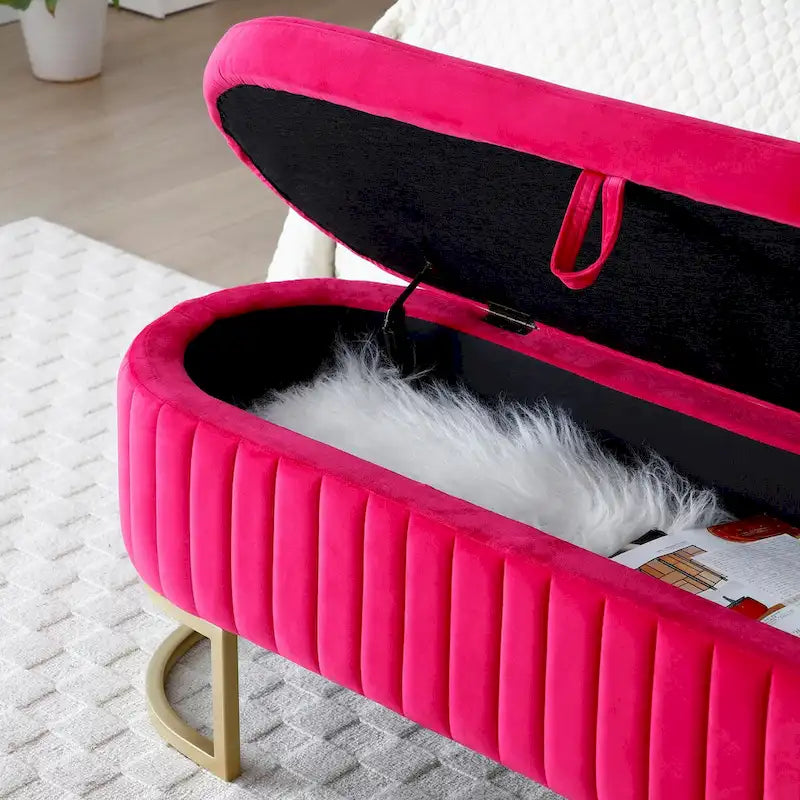Banc de rangement pour chambre à coucher, banc de bout de lit ovale en velours capitonné avec pieds en métal doré, banc ottoman de rangement 50