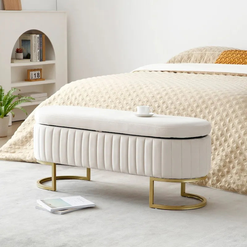 Banc de rangement pour chambre à coucher, banc de bout de lit ovale en velours capitonné avec pieds en métal doré, banc ottoman de rangement 50