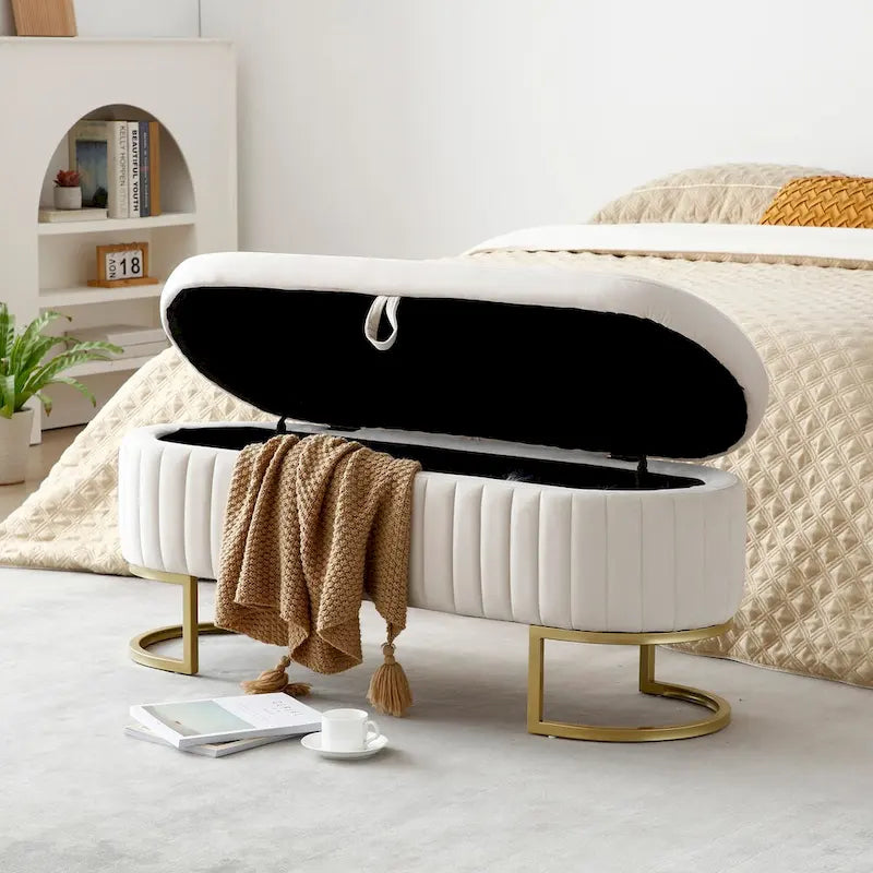 Banc de rangement pour chambre à coucher, banc de bout de lit ovale en velours capitonné avec pieds en métal doré, banc ottoman de rangement 50