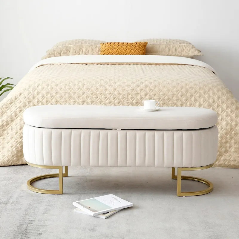 Banc de rangement pour chambre à coucher, banc de bout de lit ovale en velours capitonné avec pieds en métal doré, banc ottoman de rangement 50