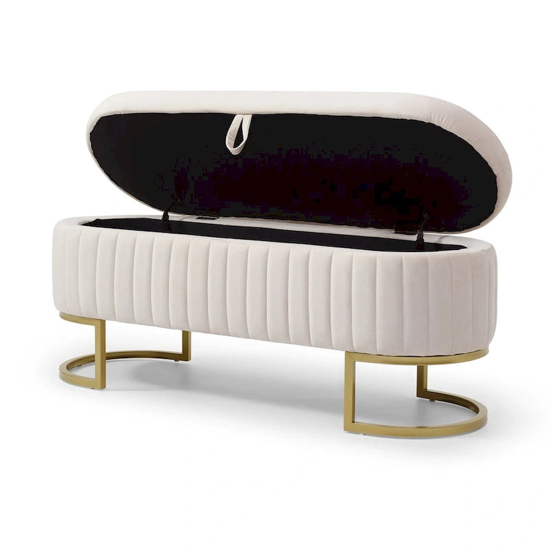 Banc de rangement pour chambre à coucher, banc de bout de lit ovale en velours capitonné avec pieds en métal doré, banc ottoman de rangement 50