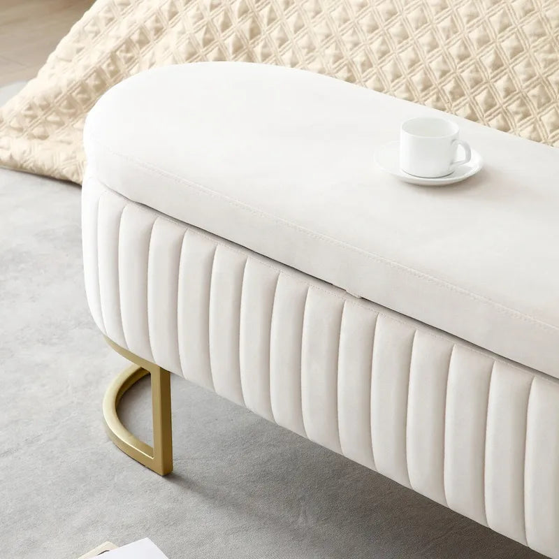 Banc de rangement pour chambre à coucher, banc de bout de lit ovale en velours capitonné avec pieds en métal doré, banc ottoman de rangement 50