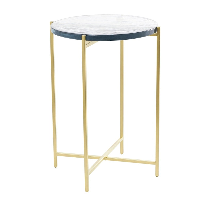 Table d'appoint latérale en métal en forme de X avec plateau en verre texturé - Or ou Noir - Roche River Decor