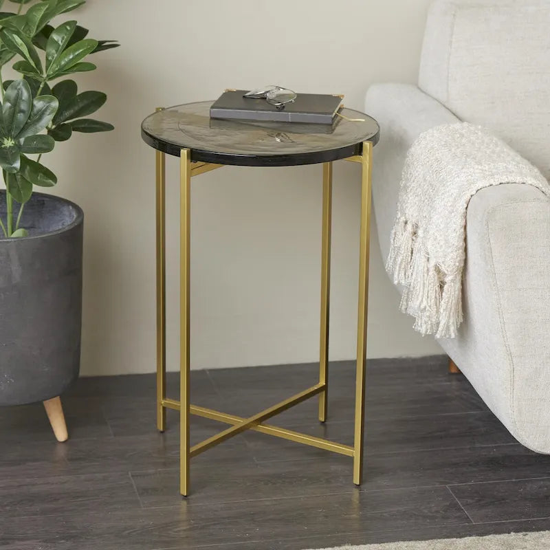 Table d'appoint latérale en métal en forme de X avec plateau en verre texturé - Or ou Noir - Roche River Decor