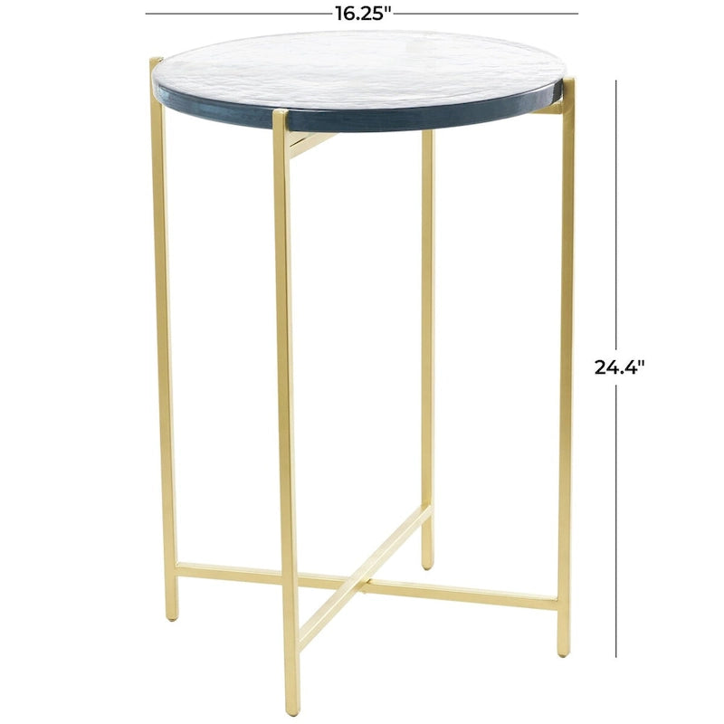 Table d'appoint latérale en métal en forme de X avec plateau en verre texturé - Or ou Noir - Roche River Decor