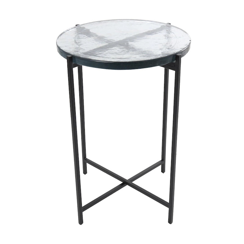 Table d'appoint latérale en métal en forme de X avec plateau en verre texturé - Or ou Noir - Roche River Decor