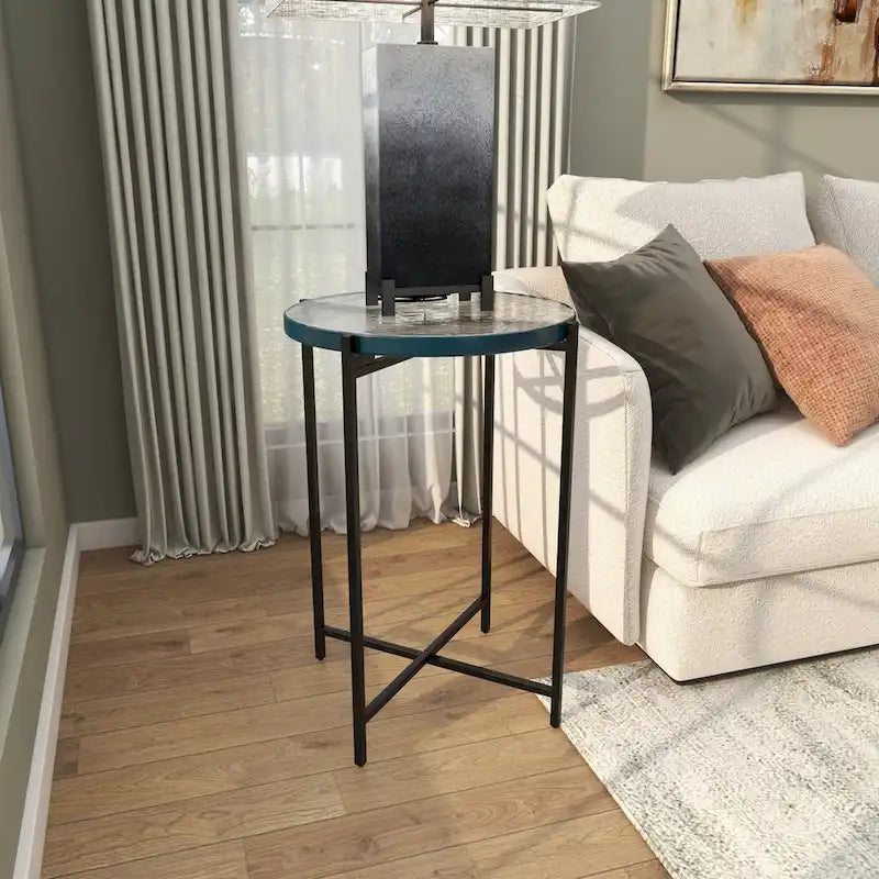 Table d'appoint latérale en métal en forme de X avec plateau en verre texturé - Or ou Noir - Roche River Decor