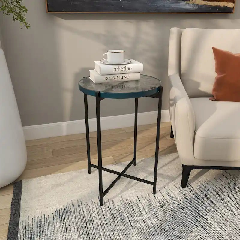 Table d'appoint latérale en métal en forme de X avec plateau en verre texturé - Or ou Noir - Roche River Decor