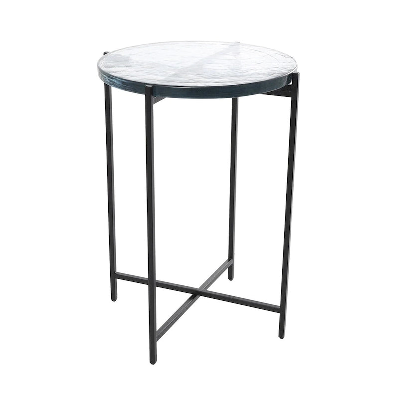 Table d'appoint latérale en métal en forme de X avec plateau en verre texturé - Or ou Noir - Roche River Decor