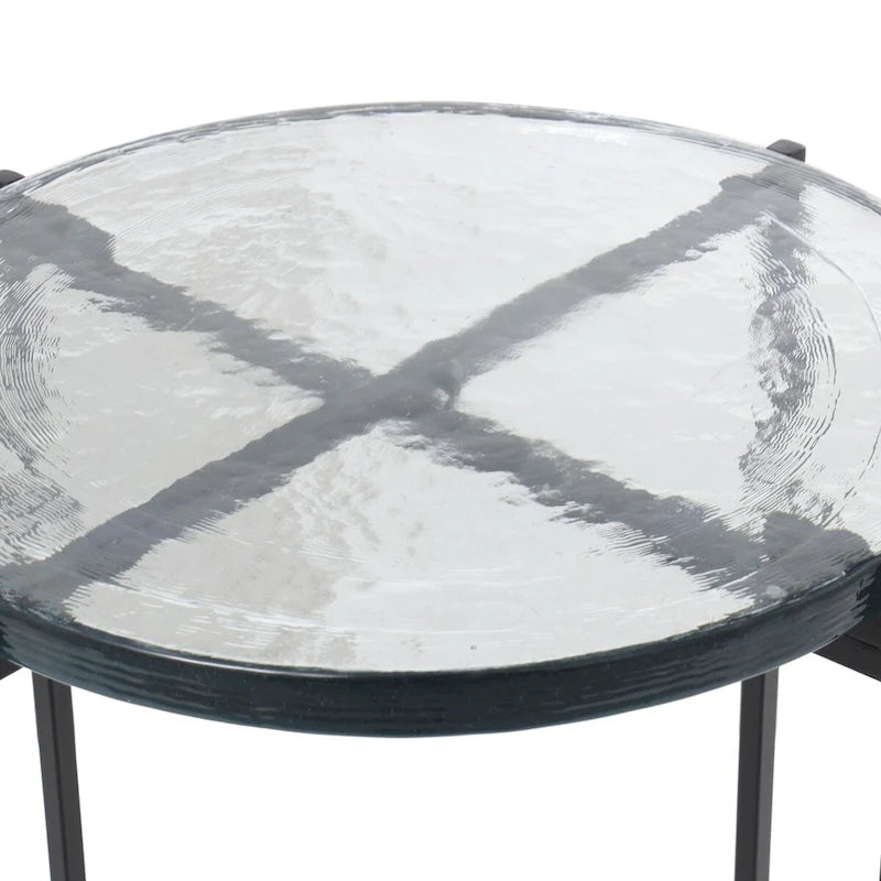Table d'appoint latérale en métal en forme de X avec plateau en verre texturé - Or ou Noir - Roche River Decor