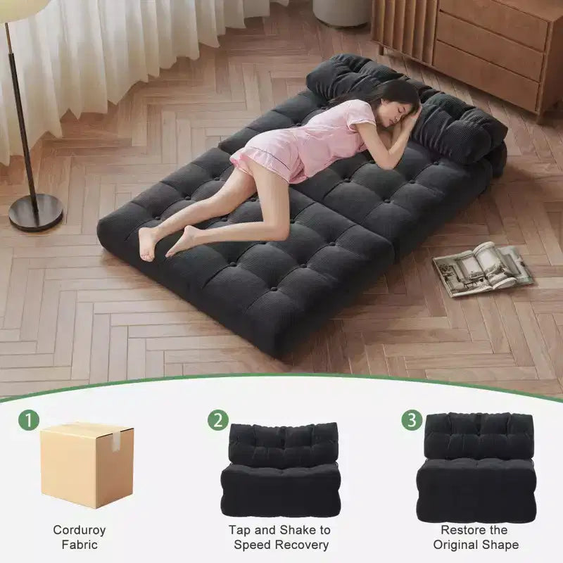 Canapé-lit futon pliant entièrement en velours côtelé, chaise de couchage convertible au sol avec oreiller et dossier
