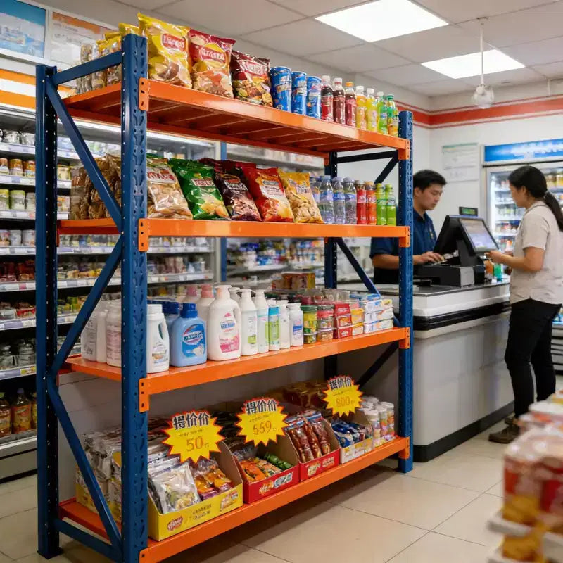Étagères de garage robustes VIYET, rayonnage métallique réglable à 4 niveaux d'une capacité de 2000 kg, rangement industriel bleu et orange pour magasin/outils/salle de sport.
