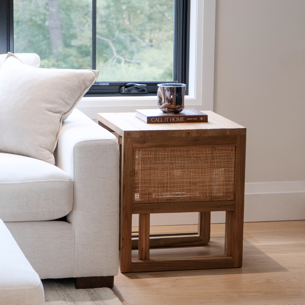 Rustic Teak Side Table with Nesting, Woven