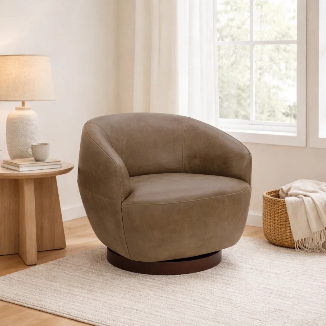 Modern Leather Lounge Chair with Sculptural, Upholstered