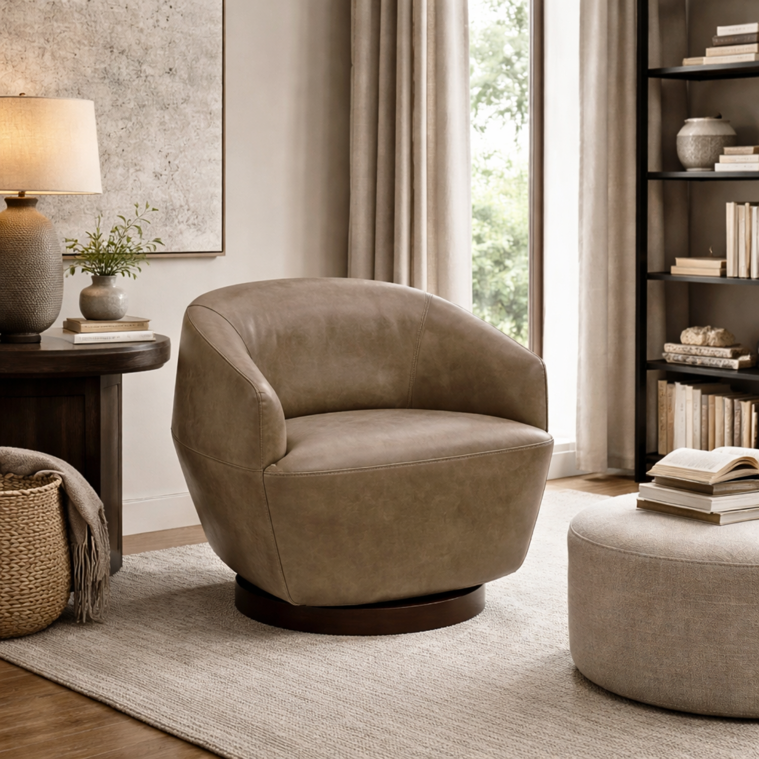 Modern Leather Lounge Chair with Sculptural, Upholstered