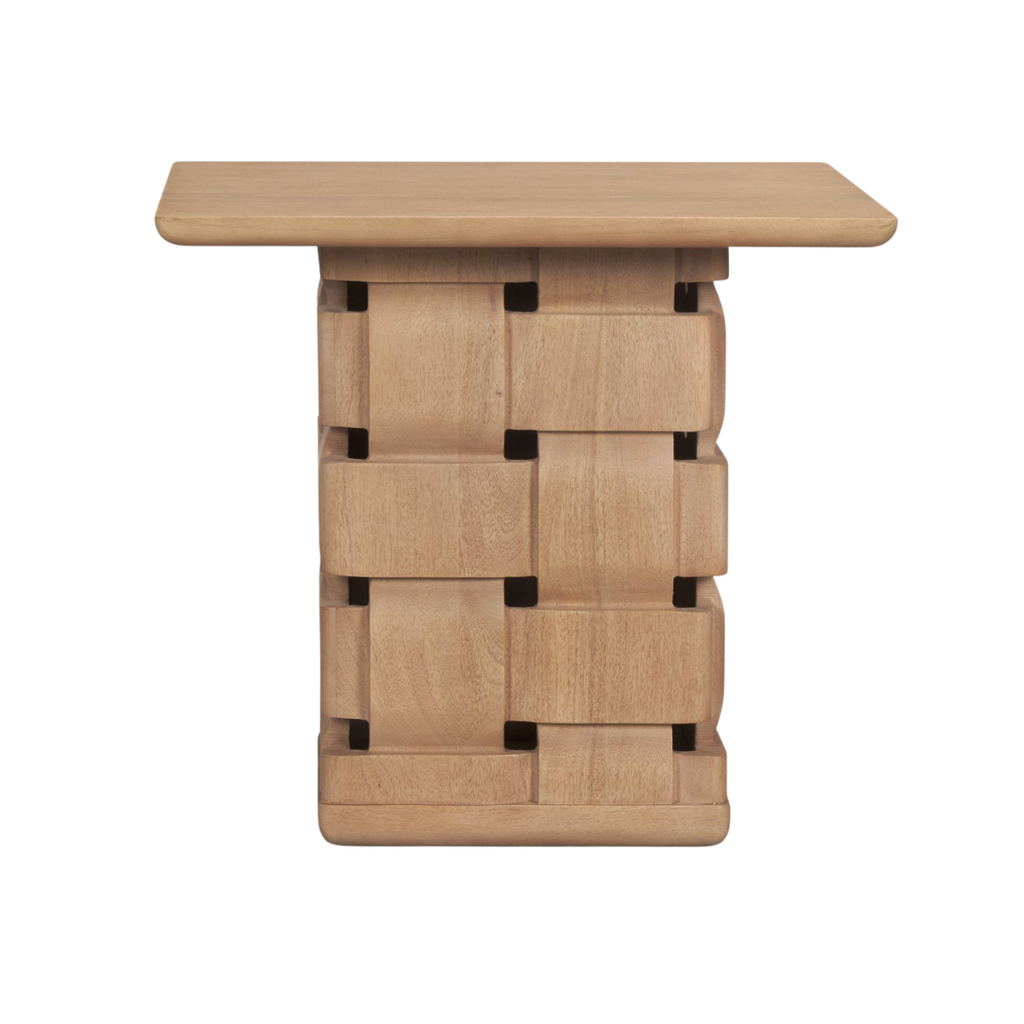 Table d'appoint scandinave en bois de manguier avec détails sculpturaux et tissés