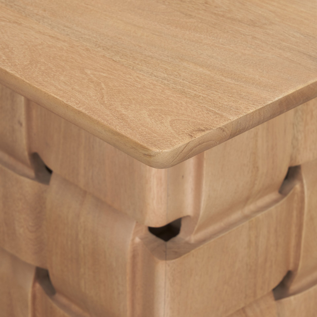 Scandinavian Mango Wood Side Table with Sculptural, Woven