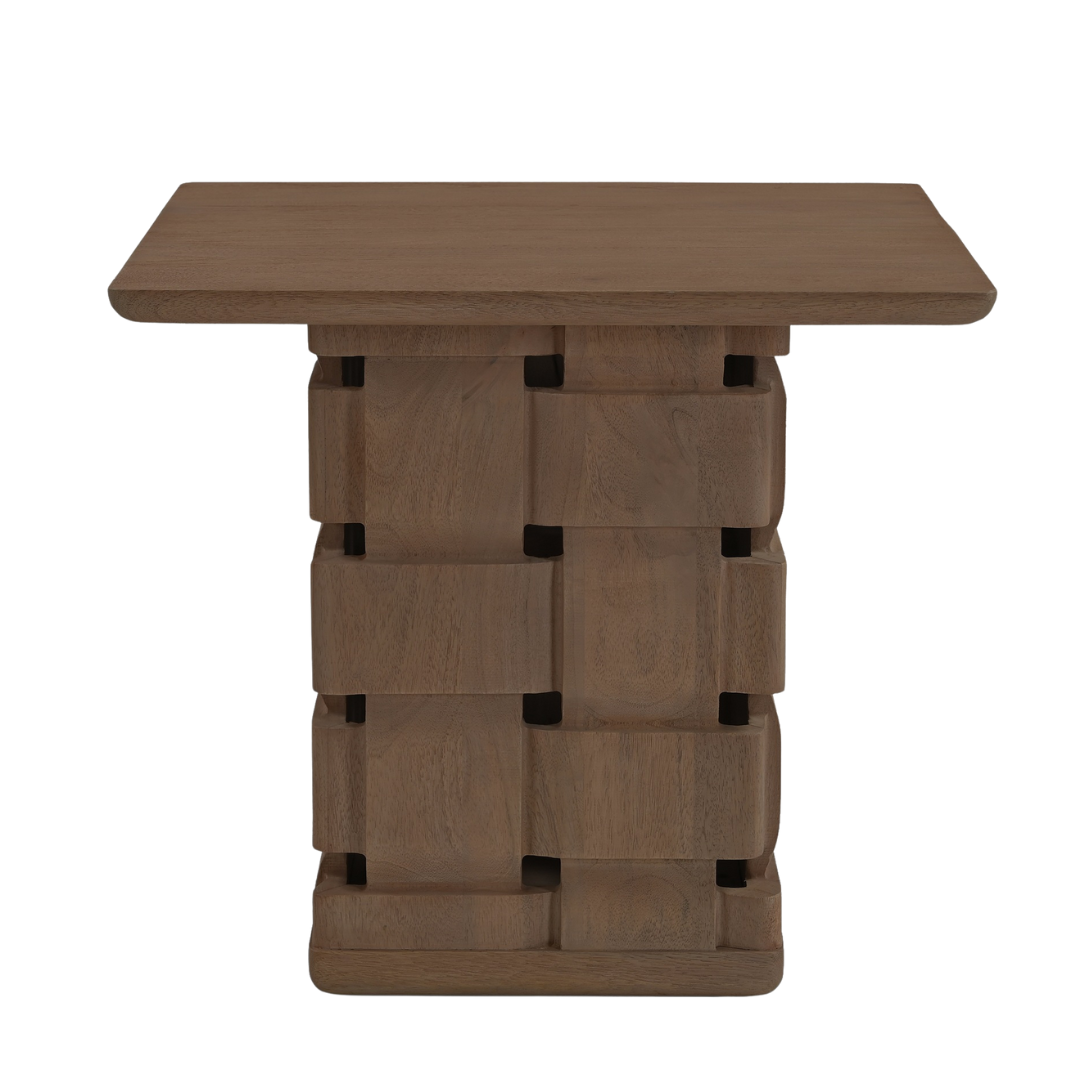 Modern Mango Wood Side Table with Sculptural, Woven