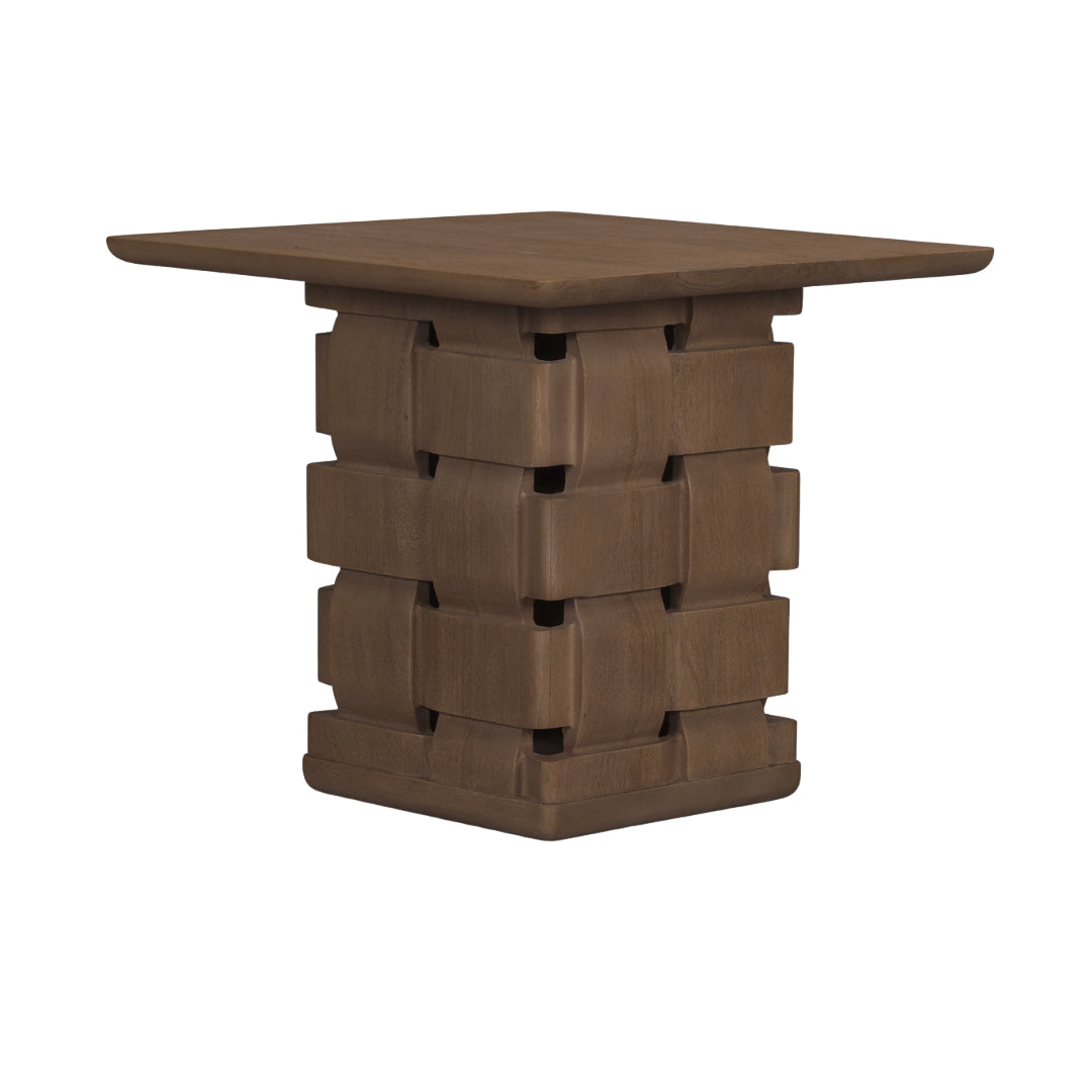 Modern Mango Wood Side Table with Sculptural, Woven