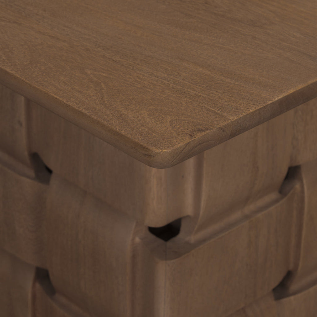 Table d'appoint moderne en bois de manguier avec tissage sculptural