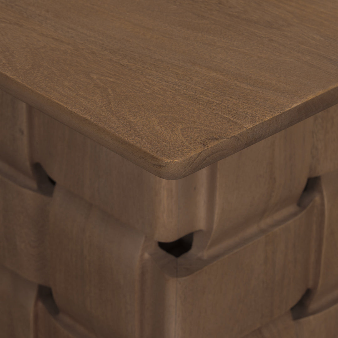 Modern Mango Wood Side Table with Sculptural, Woven