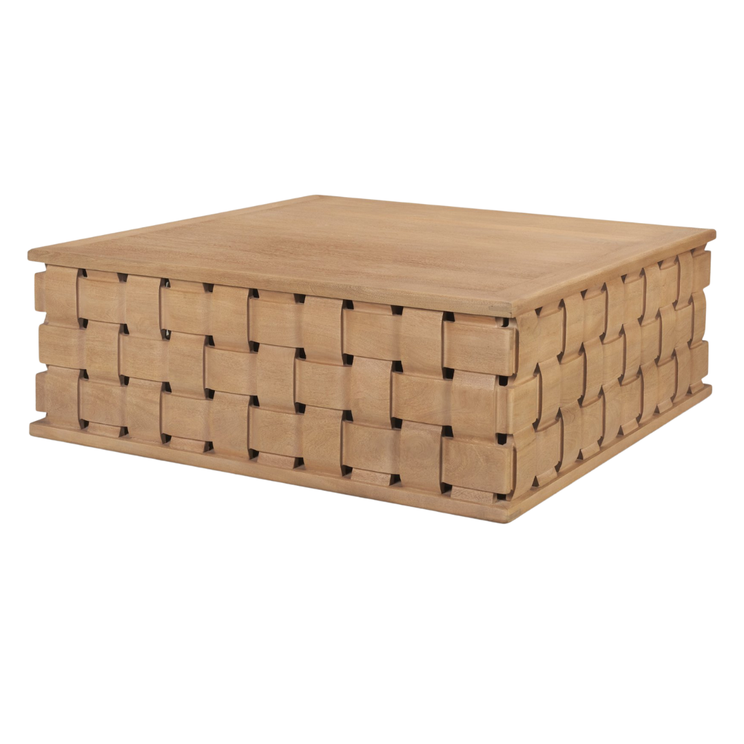 Table basse moderne en bois de manguier avec motifs sculpturaux et géométriques