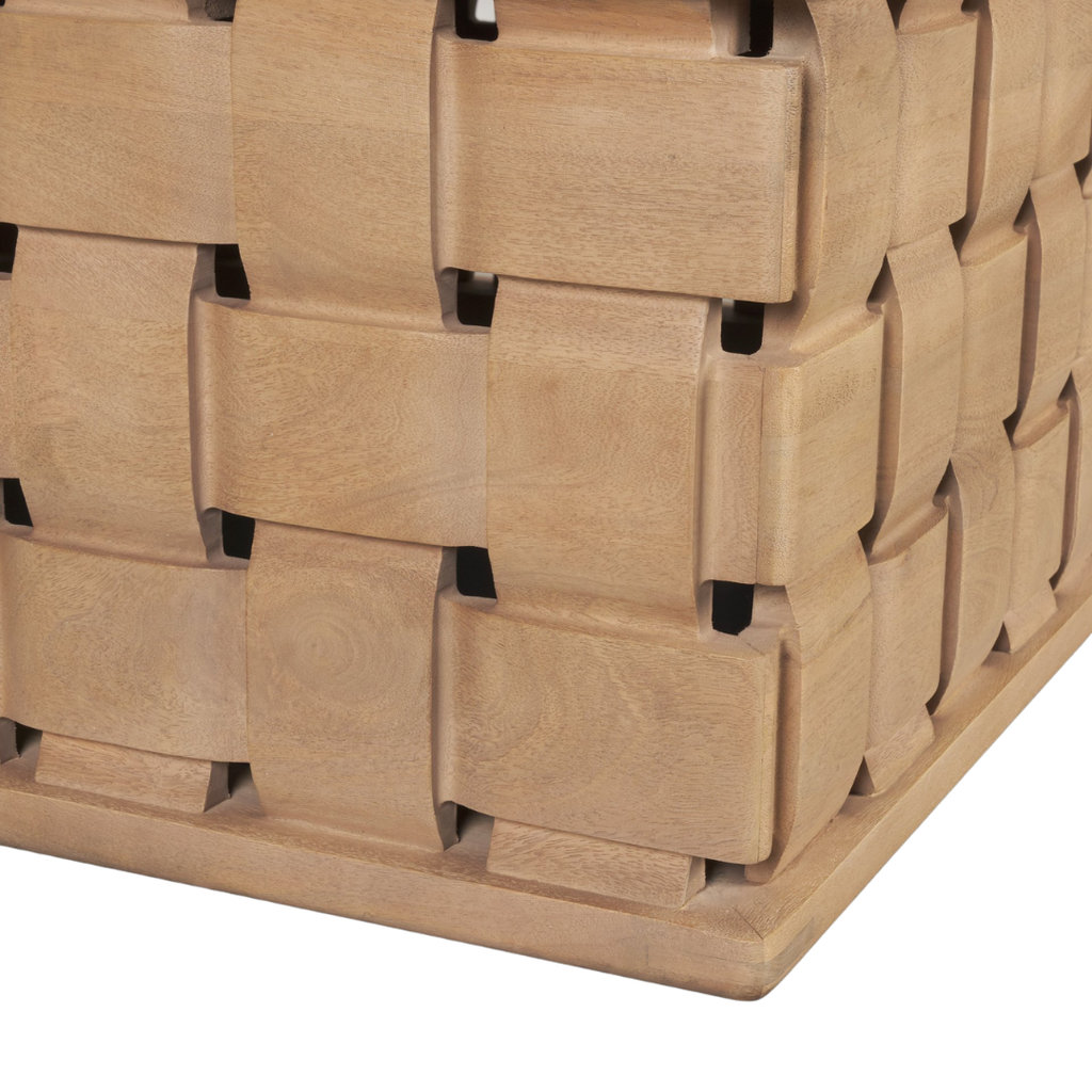 Table basse moderne en bois de manguier avec motifs sculpturaux et géométriques