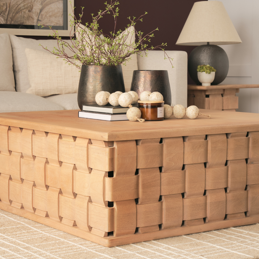 Modern Mango Wood Coffee Table with Sculptural, Geometric