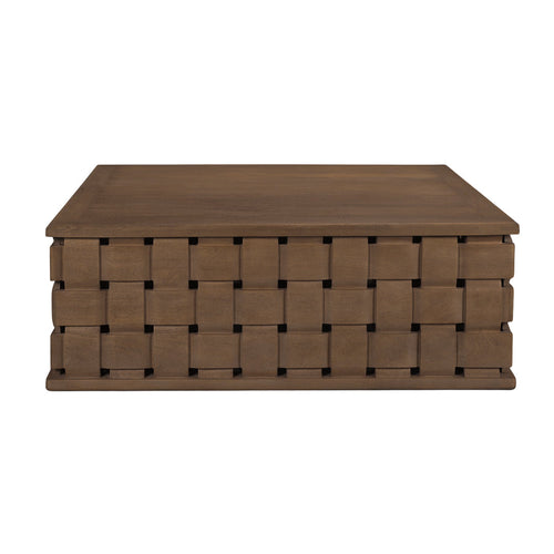 Table basse contemporaine en bois de manguier avec éléments sculpturaux et géométriques