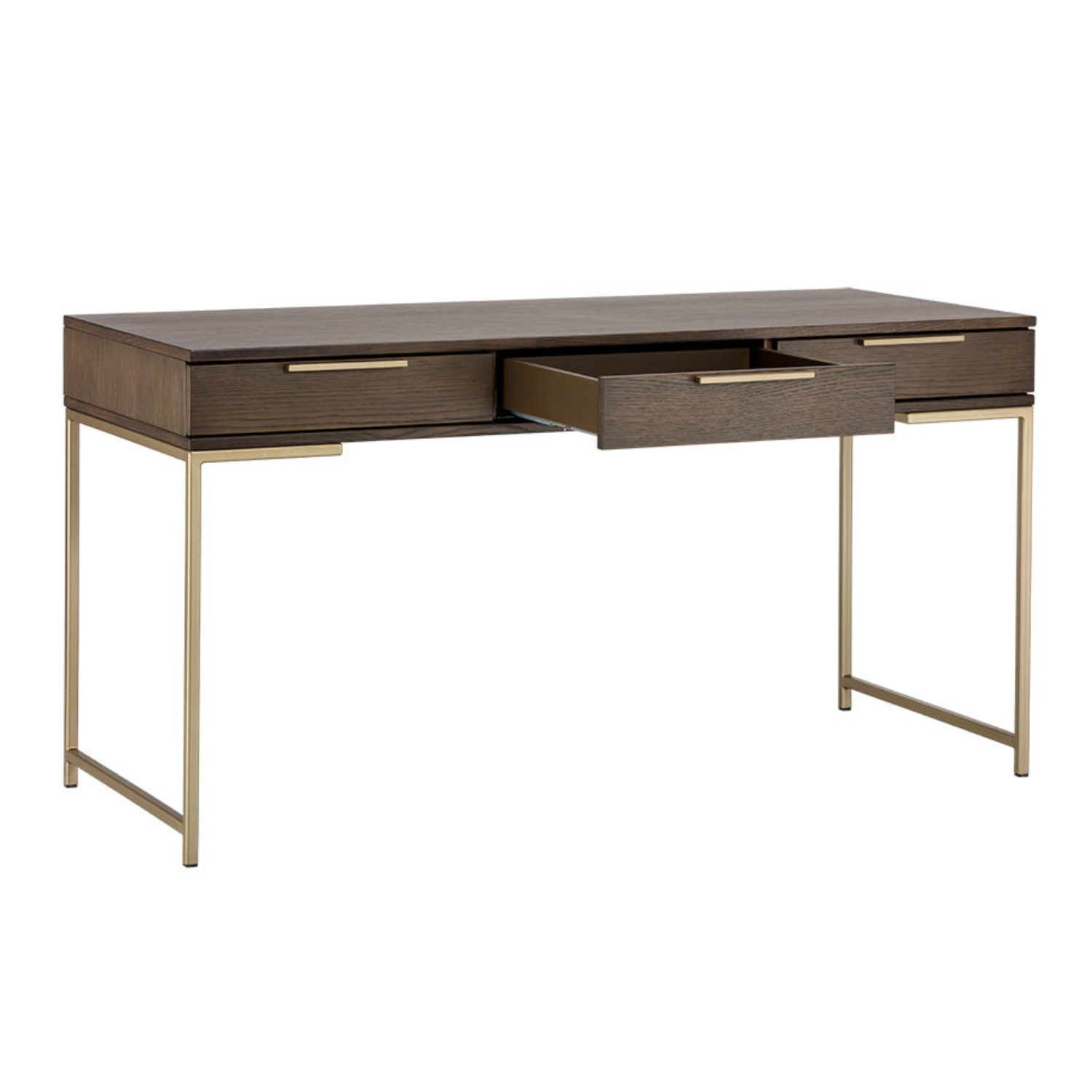 Modern Oak Desk with Storage - Office | Brushed Gold Finish