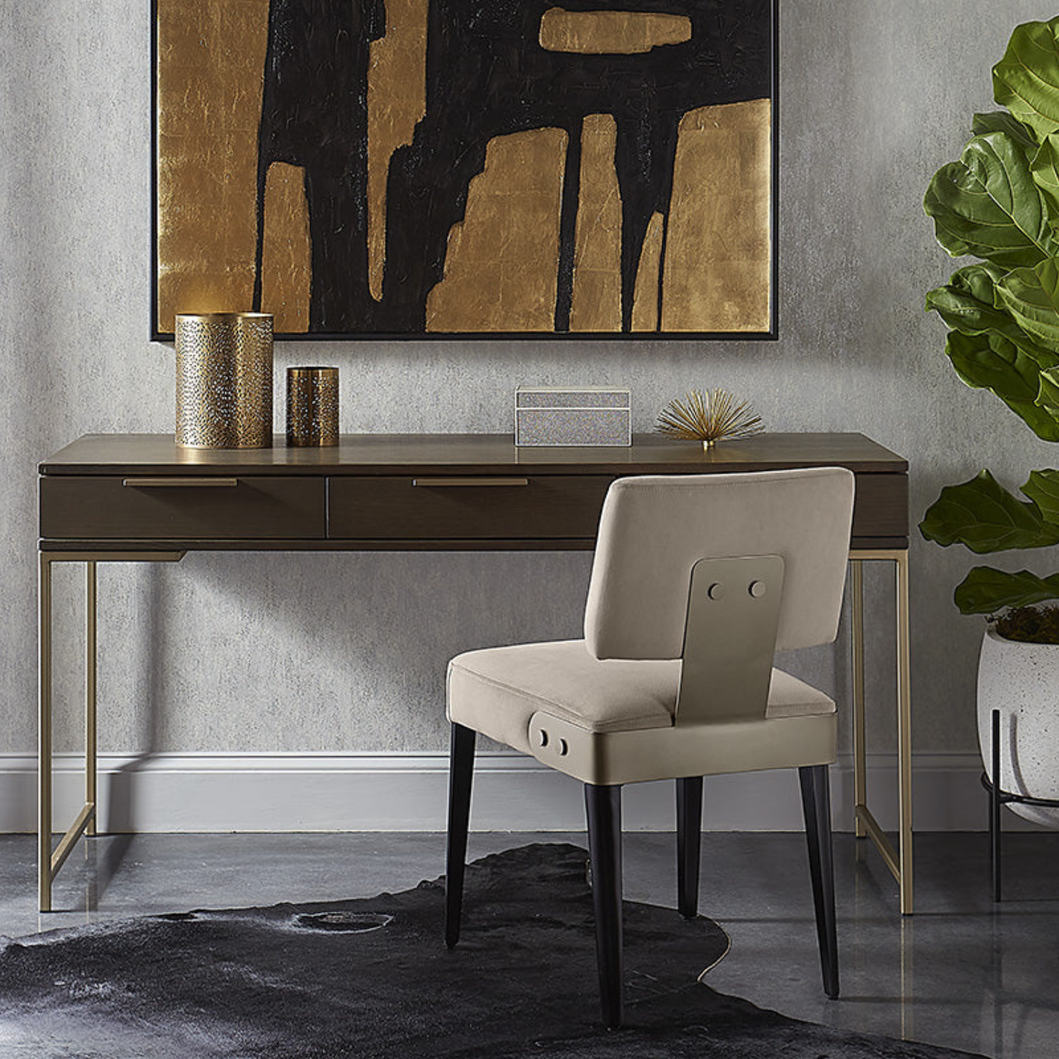 Modern Oak Desk with Storage - Office | Brushed Gold Finish