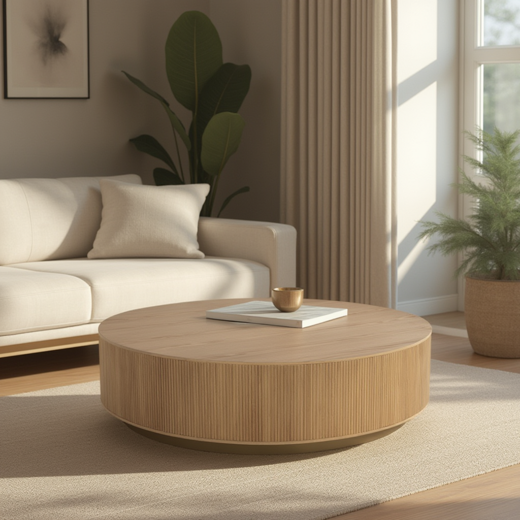 Table basse en chêne rustique avec façades cannelées | Finition or brossé