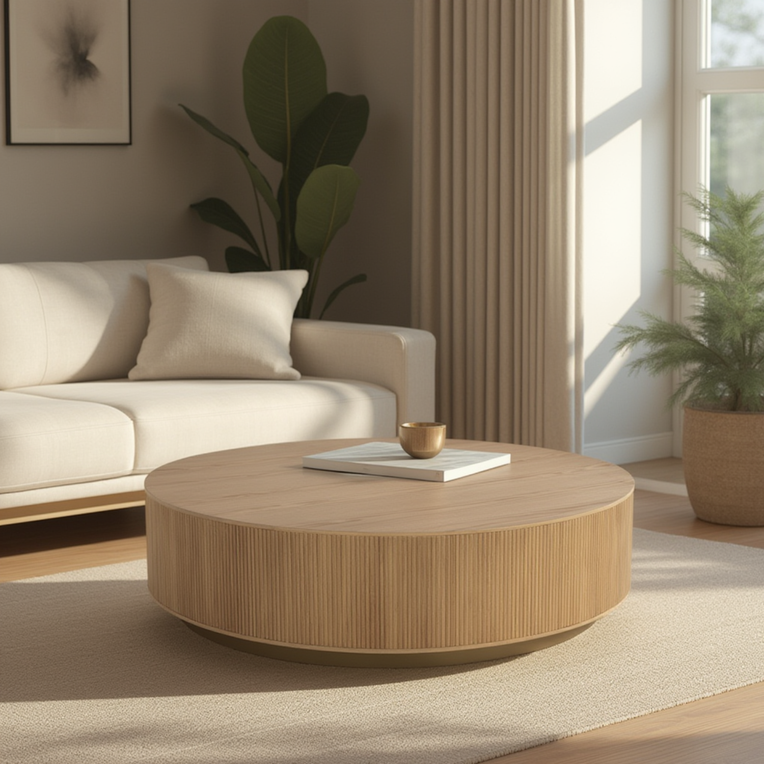 Rustic Oak Coffee Table with Fluted | Brushed Gold Finish