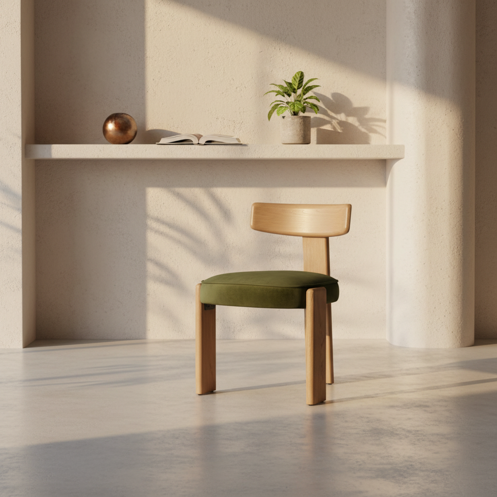 Modern Oak Dining Chair with Sculptural, Upholstered