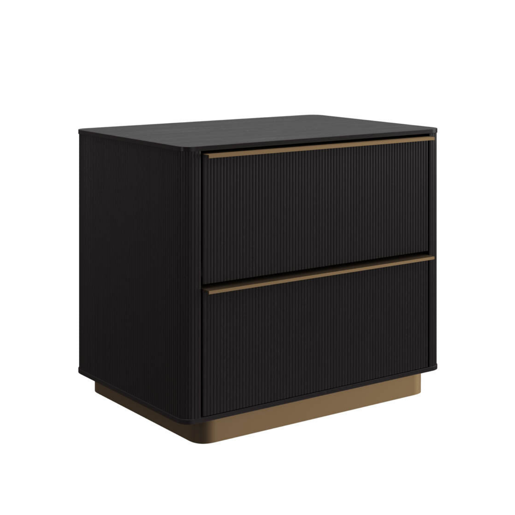 Modern Oak Nightstand with Sculptural, Fluted - Bedroom | Brushed Gold Finish