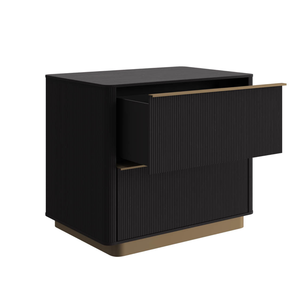 Modern Oak Nightstand with Sculptural, Fluted - Bedroom | Brushed Gold Finish