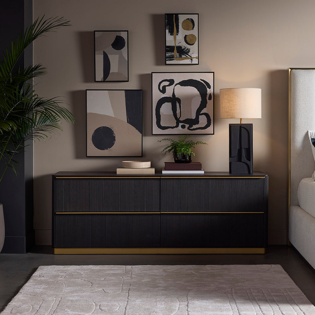 Modern Oak Dresser with Sculptural, Fluted - Bedroom | Brushed Gold Finish