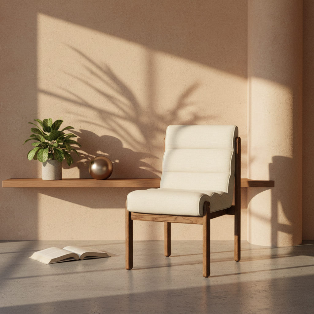 Mid-Century Oak Dining Chair with Sculptural, Upholstered