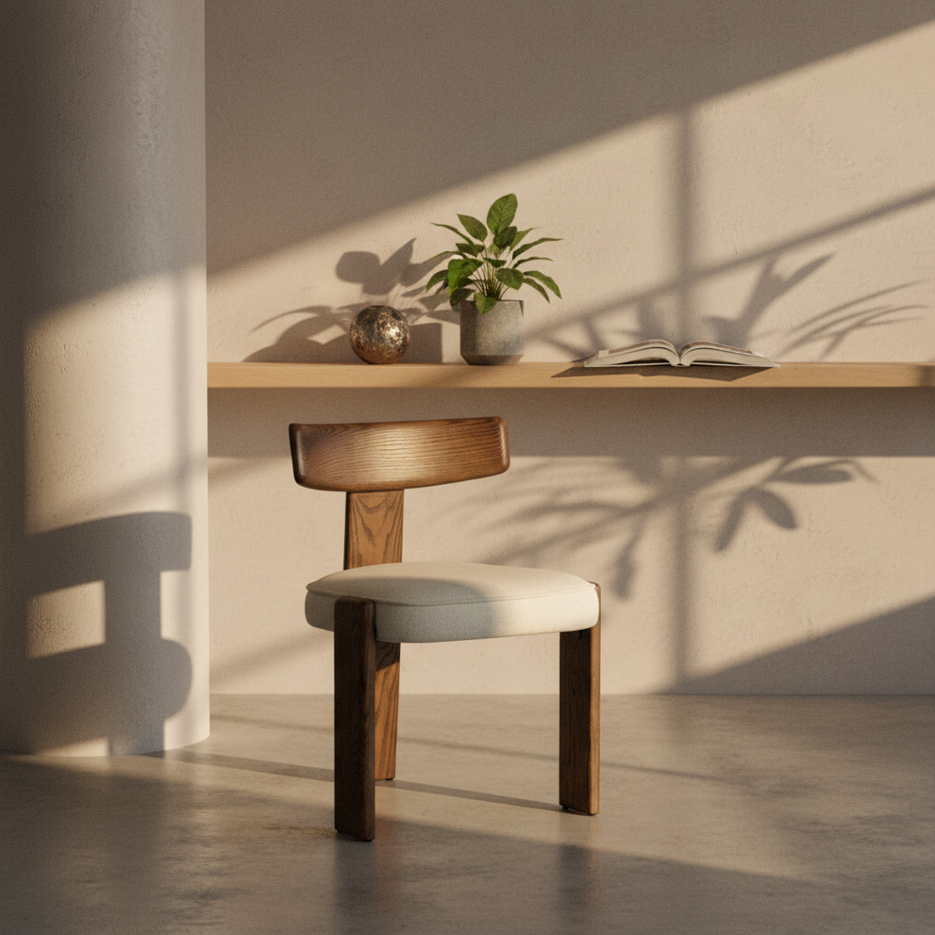 Modern Oak Dining Chair with Sculptural, Upholstered