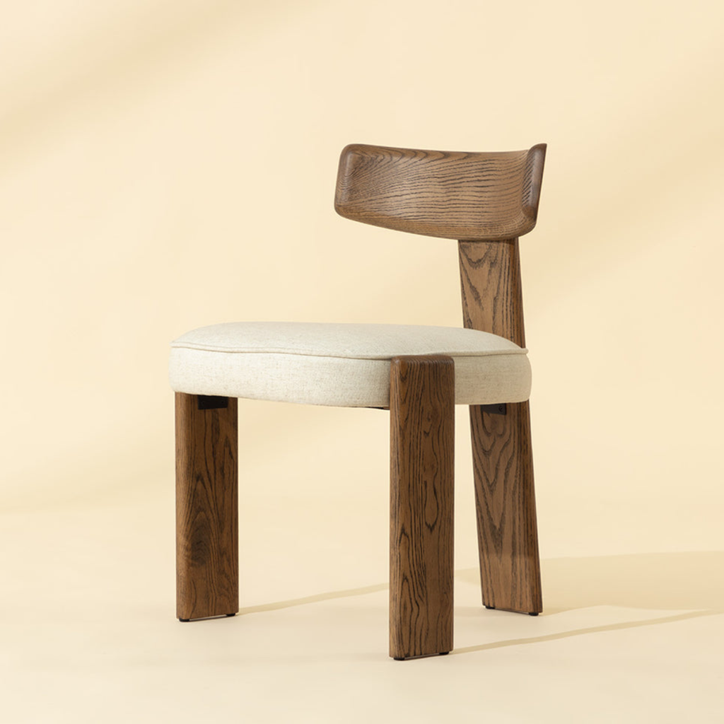 Modern Oak Dining Chair with Sculptural, Upholstered