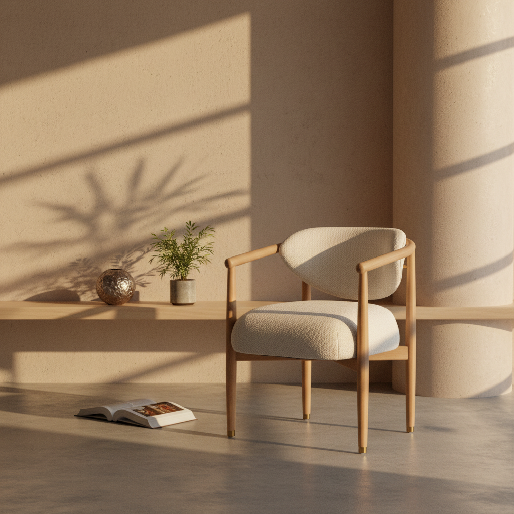Farmhouse Oak Dining Chair with Sculptural, Round