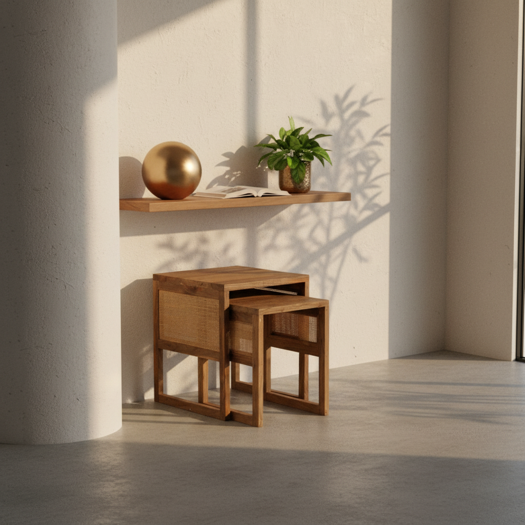 Rustic Teak Side Table with Nesting, Woven