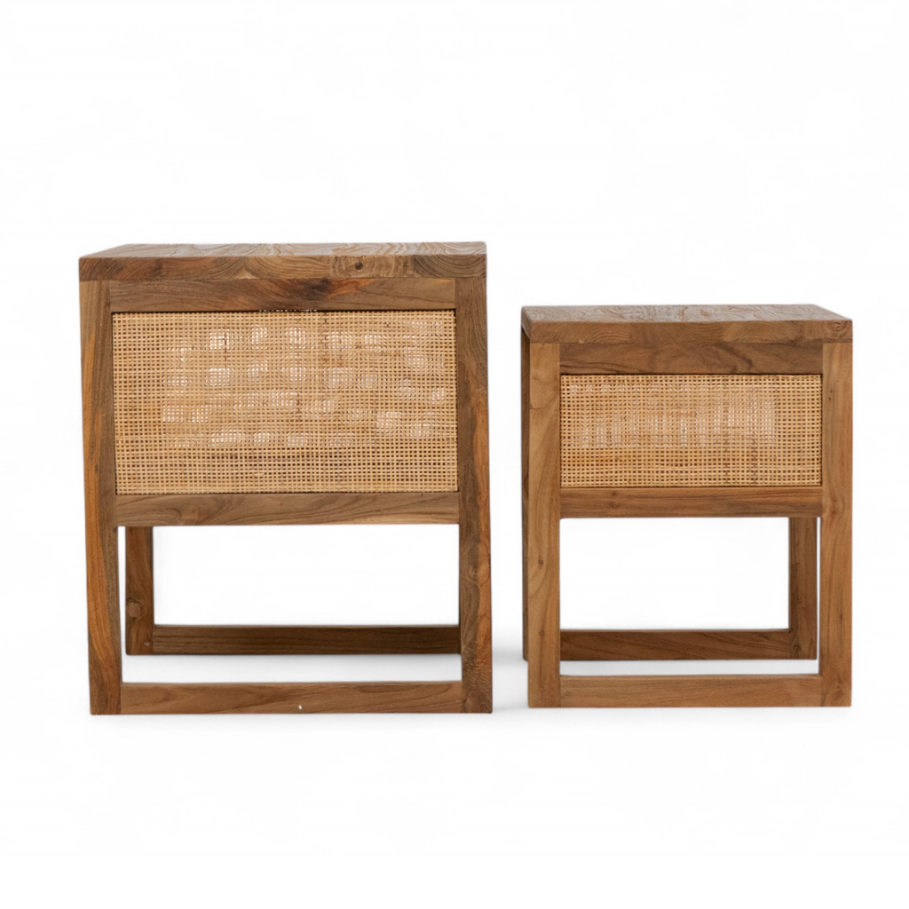 Rustic Teak Side Table with Nesting, Woven