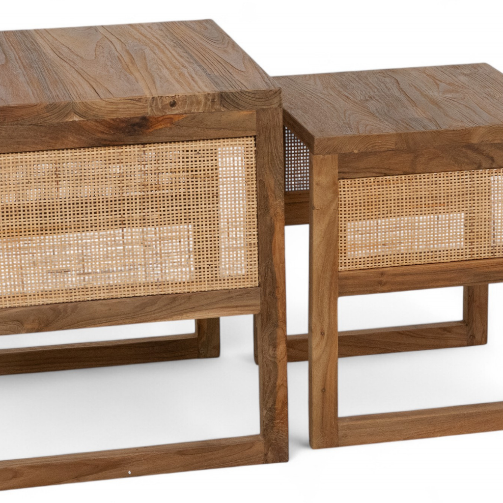 Rustic Teak Side Table with Nesting, Woven