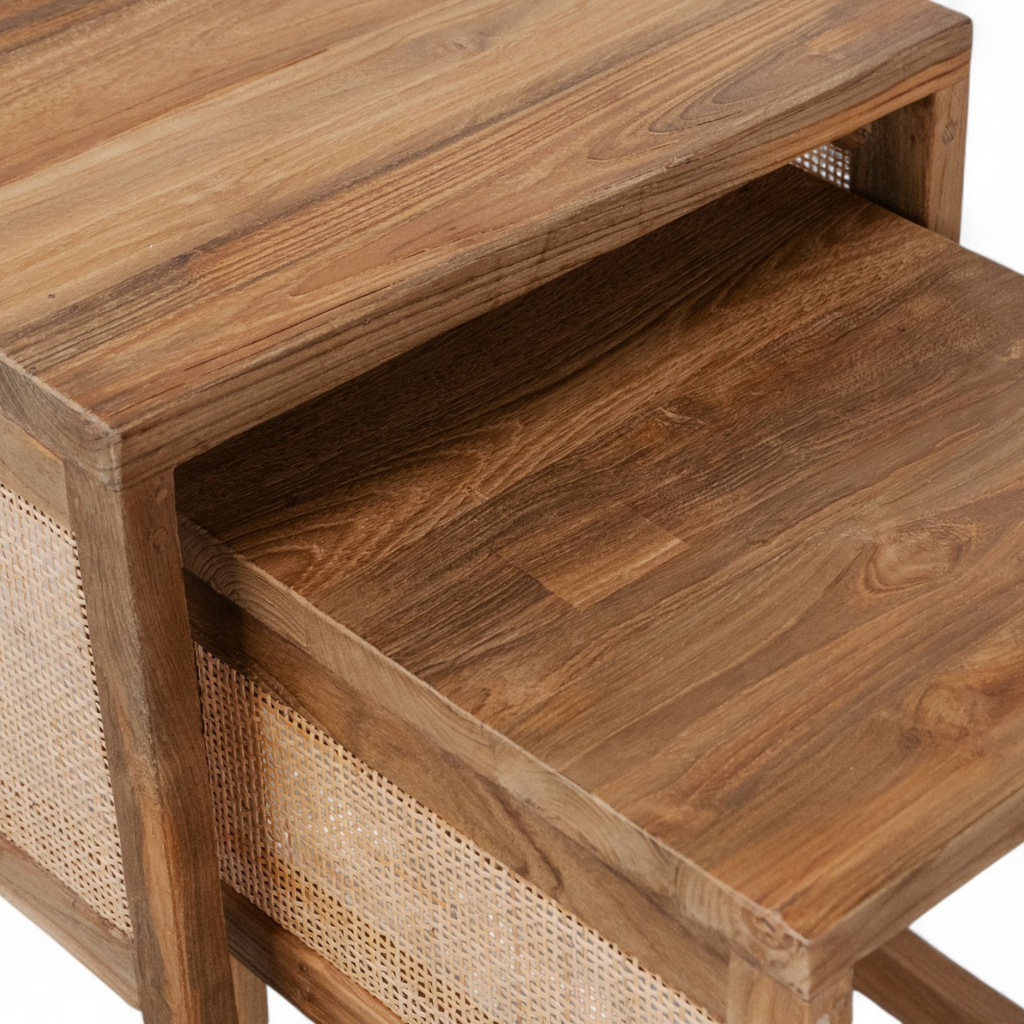 Rustic Teak Side Table with Nesting, Woven