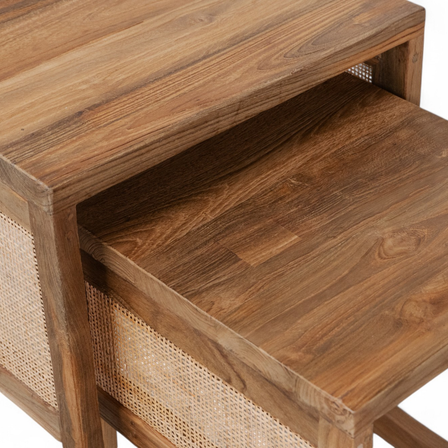 Rustic Teak Side Table with Nesting, Woven