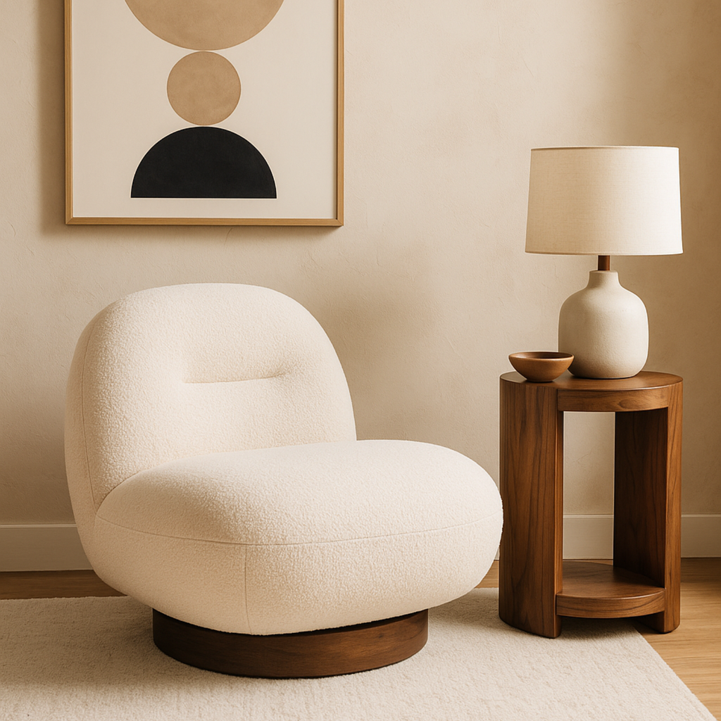 Fauteuil lounge minimaliste avec piètement pivotant et rond
