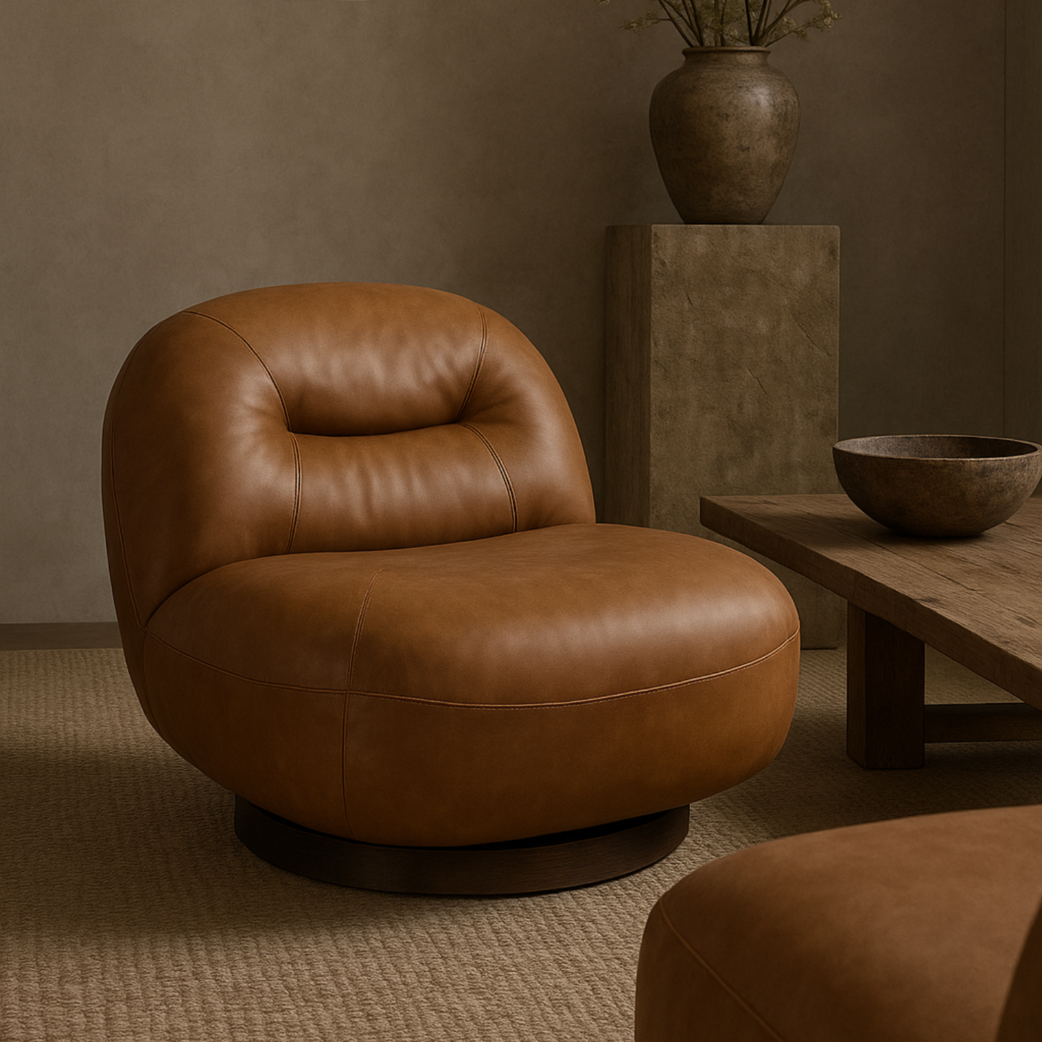 Minimalist Leather Lounge Chair with Swivel, Round | Distressed Finish