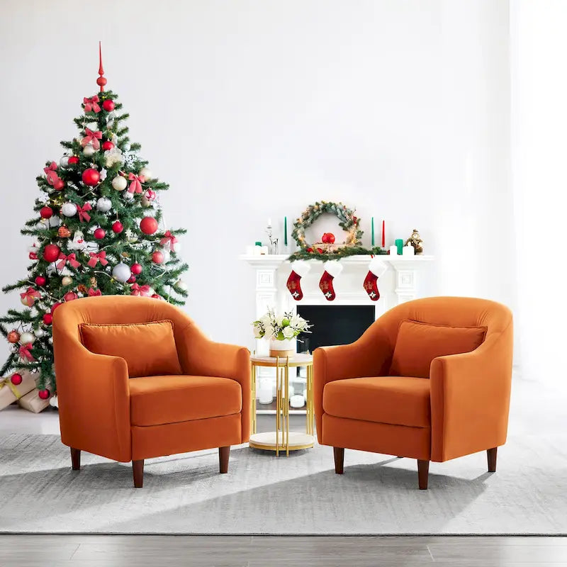 28.34W Lot de 2 fauteuils d'appoint, fauteuil barillet en velours avec pieds en bois massif