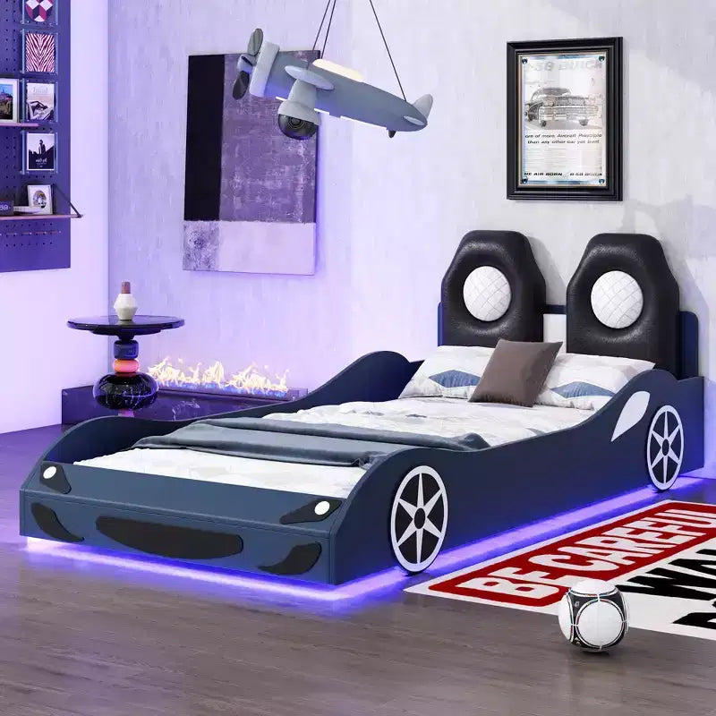 Lit plateforme Whisen Wood en forme de voiture de course, taille double, avec LED et dossier rembourré